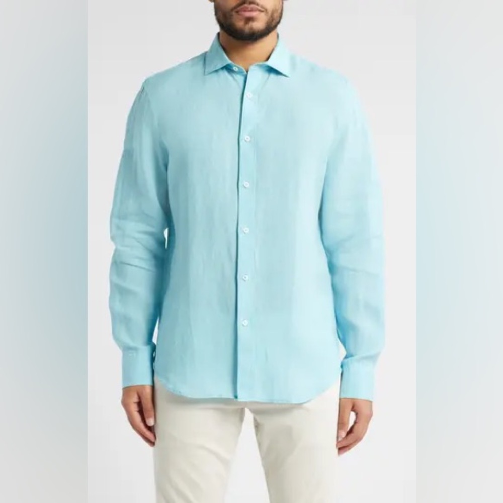 Perry Ellis Linen/Cotton Teal Turquoise Aqua Button-Down vibrant Dress Shirt L